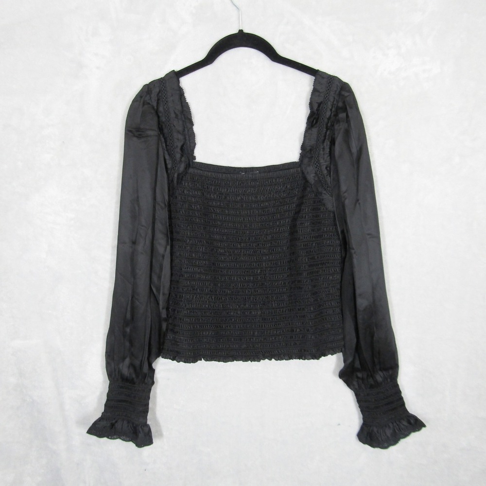 ME+EM Top Square Neck Lace Trim UK 10 US 6 Black Long Sleeve Smocked Coquette